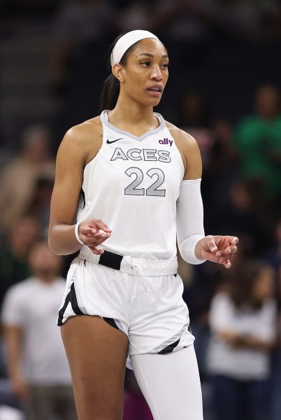 A'ja Wilson in a white Las Vegas Aces Uniform